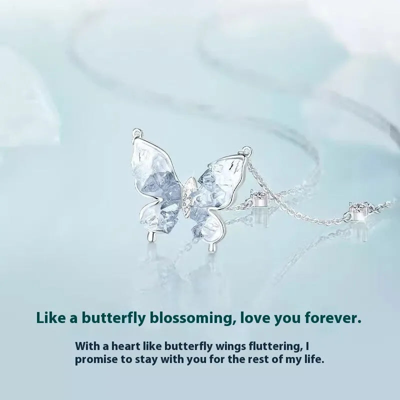 S925 silver butterfly necklace with ice rain pendant on an adjustable 41-50cm O-ring chain.