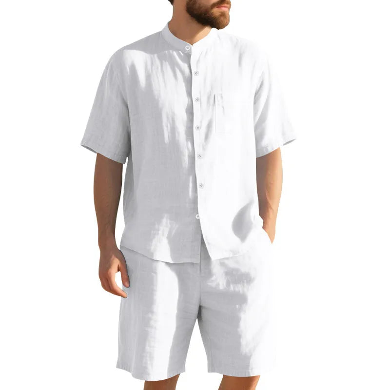 Men's linen summer suit two-piece set with Henry collar shirt and shorts in multiple colour options