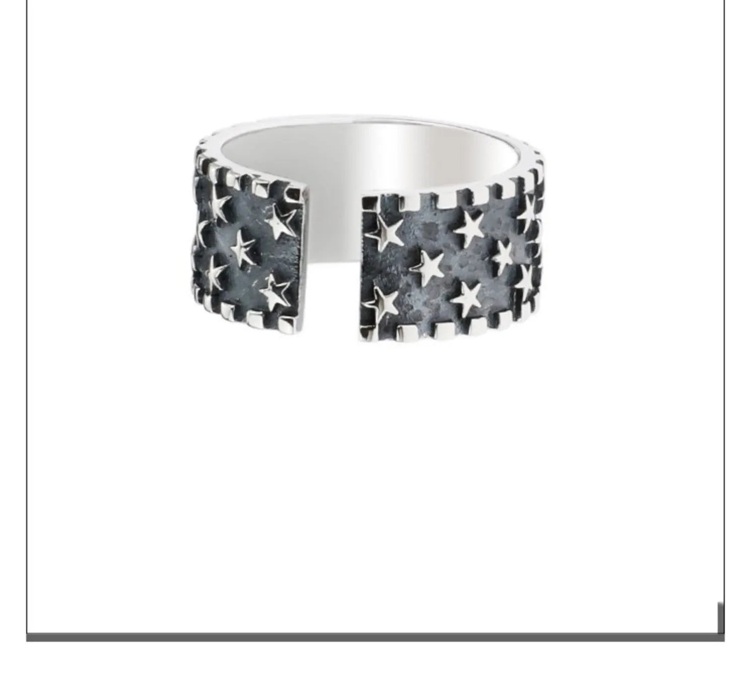 Adjustable silver ring with a multi-five pointed star geometric pattern on a solid 925 sterling silver band.