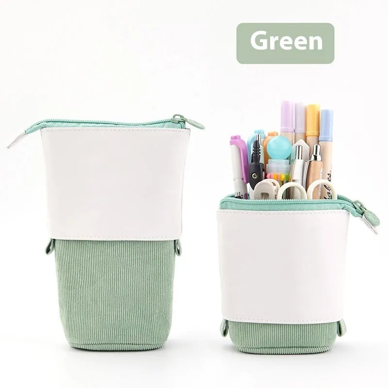 Purple PU corduroy drop-down telescopic stationery case in Korean style, open to show interior.