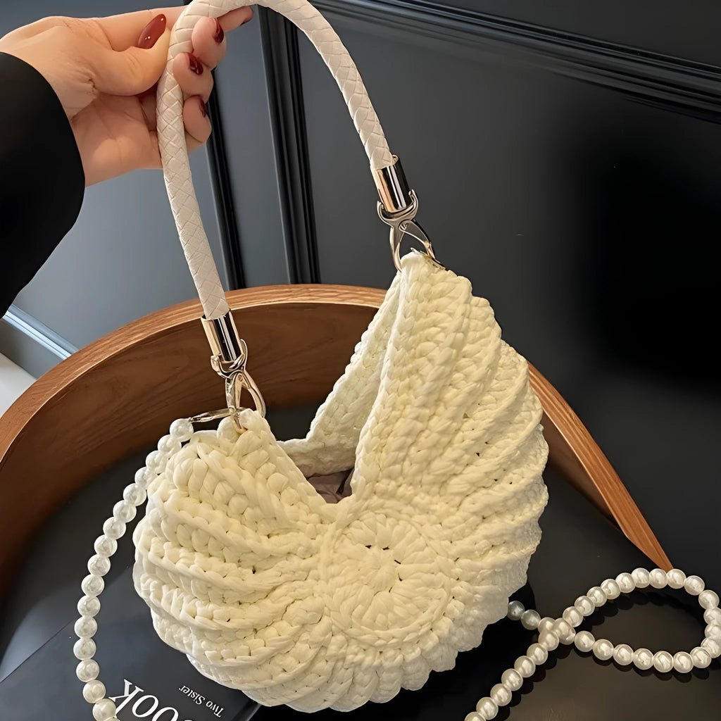 Handmade woven bag women's shell shape cloth crossbody double shoulder straps Milky White finished product
