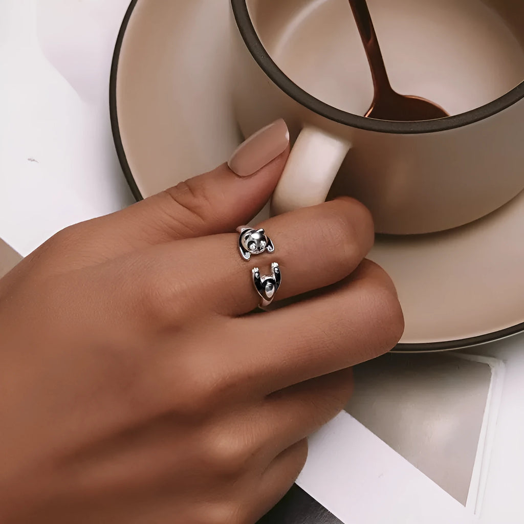 Sterling silver adjustable open ring with white gold plating and cute panda design