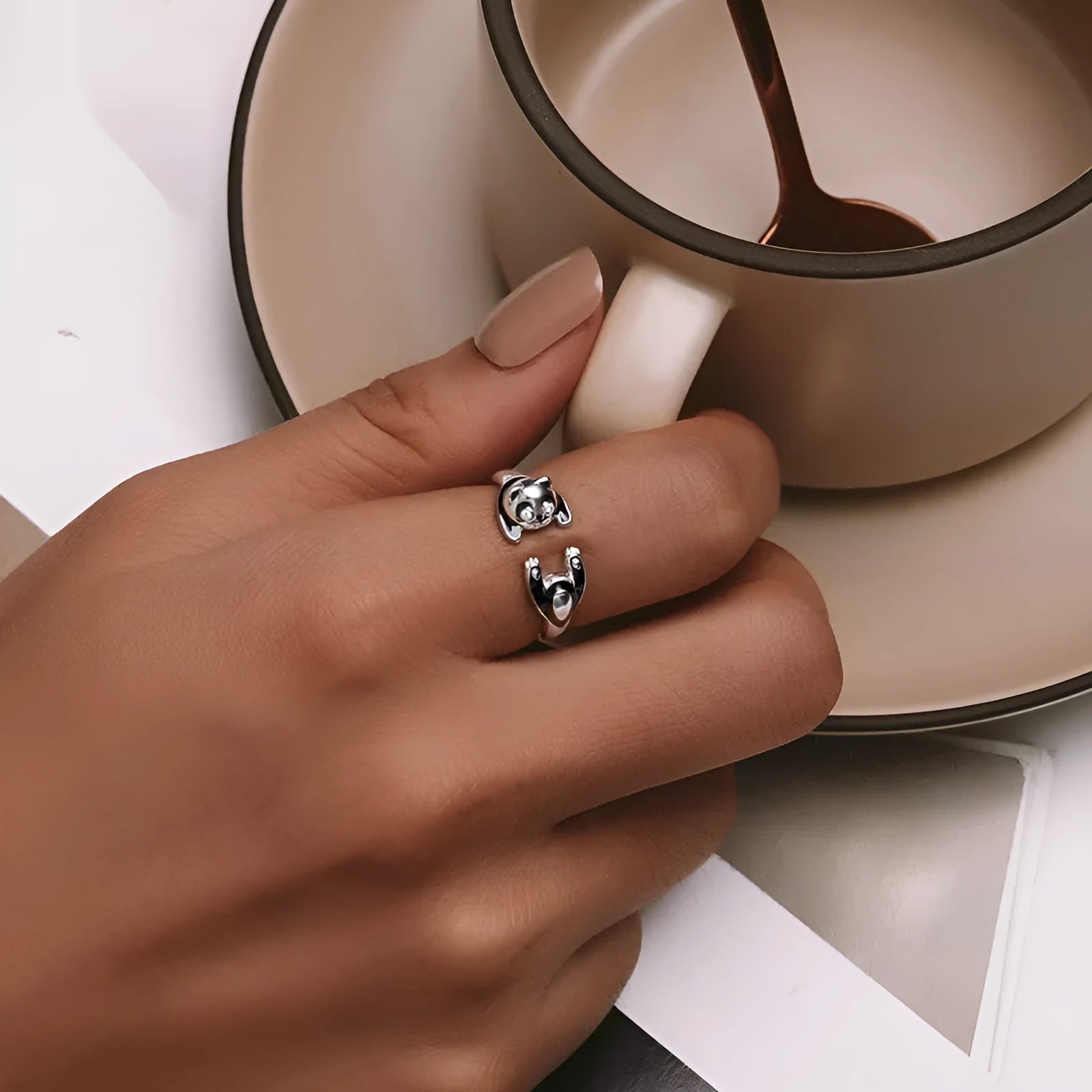 Sterling silver adjustable open ring with white gold plating and cute panda design