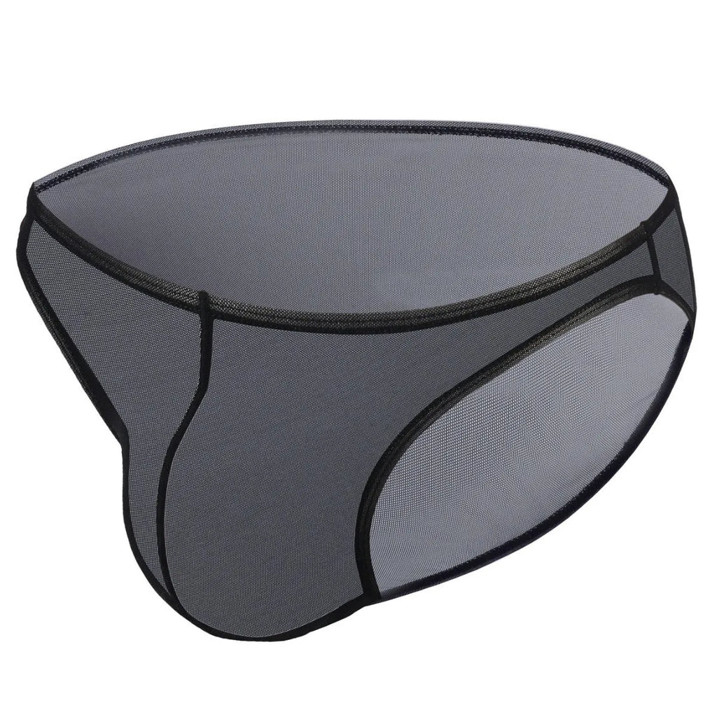 Men's black ice silk triangle mid waist shorts showing low waist design and knitted construction