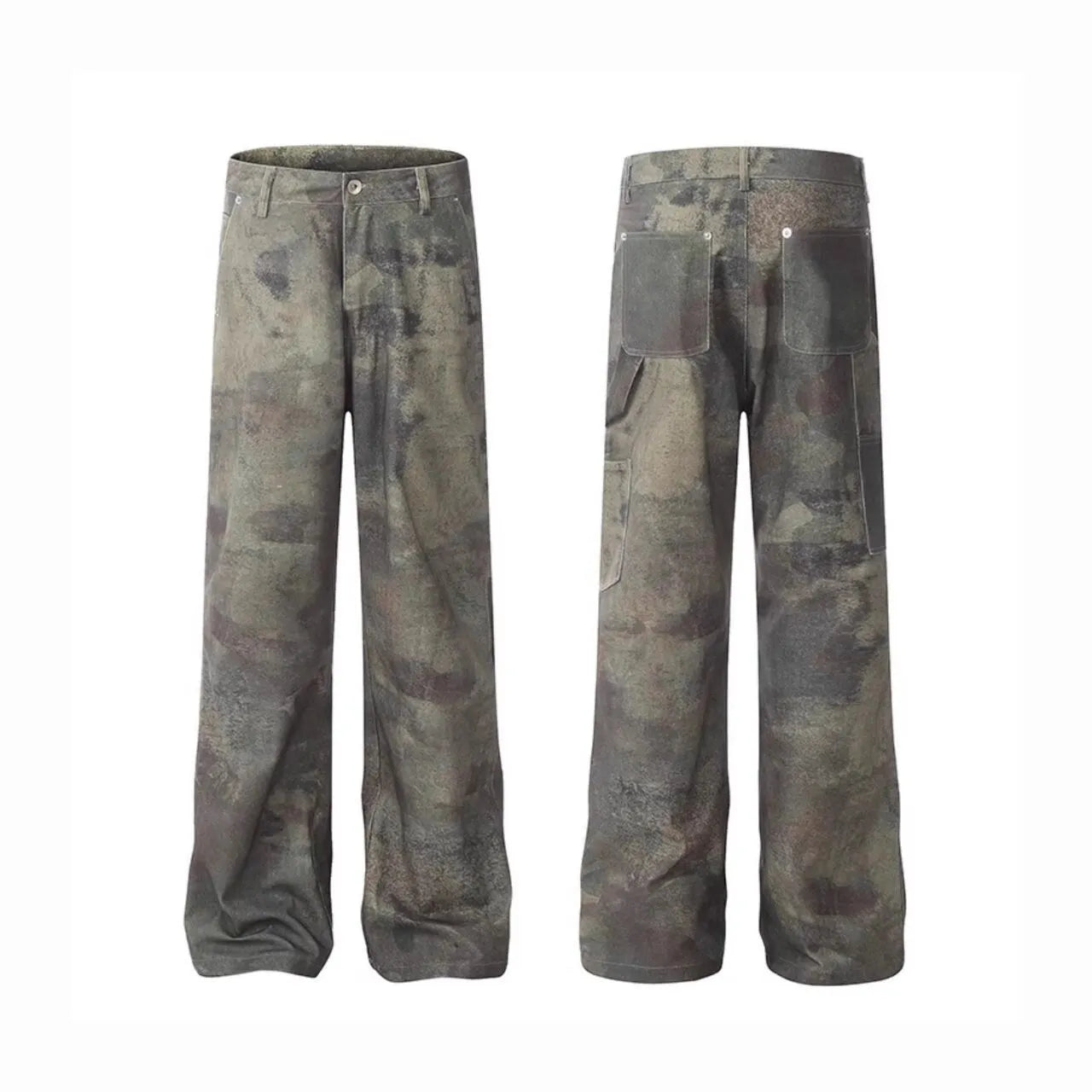 Men's straight-leg jeans with a retro camouflage pattern on blue cotton denim.