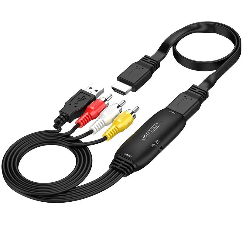 HDMI to AV converter adapter with 110cm cable showing RCA cable and two-terminal connector options