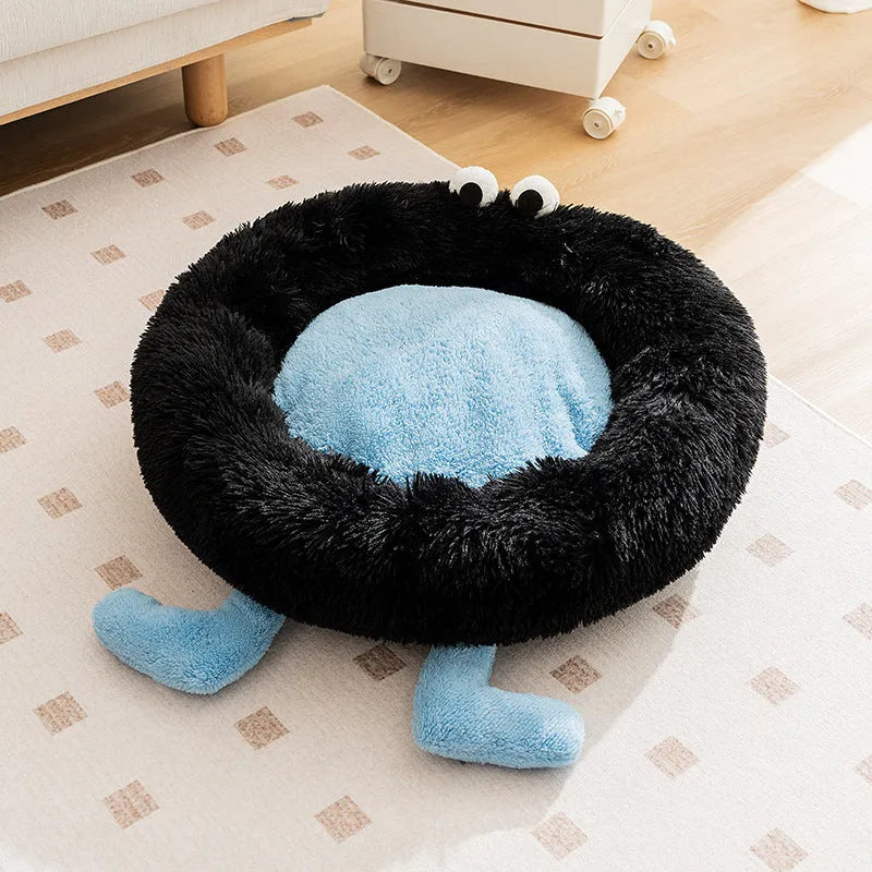 Blue plush kennel sleeping mat with raised edge for pets, shown next to size guide for XS, S, M, L.