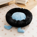Blue plush kennel sleeping mat with raised edge for pets, shown next to size guide for XS, S, M, L.