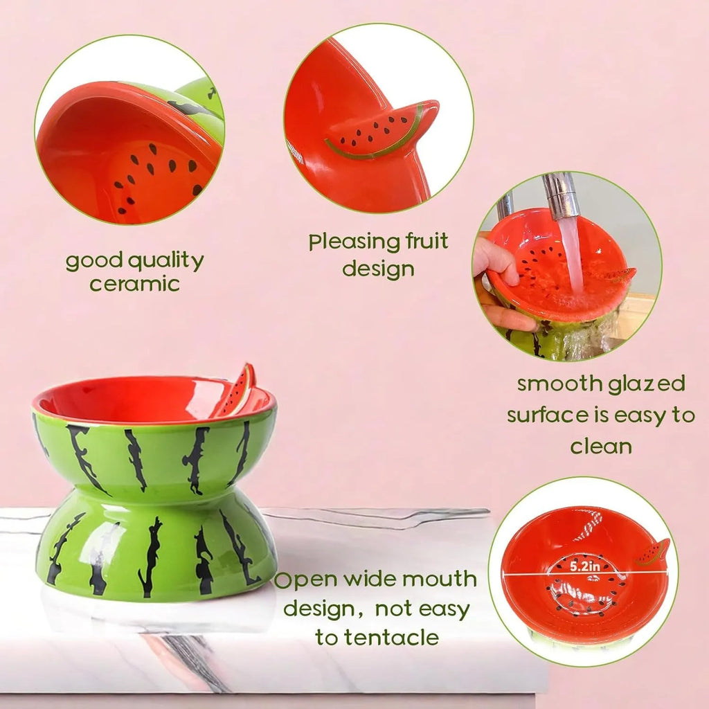 Orange patterned ceramic raised cat bowl with wide tilted dish on non-slip base.