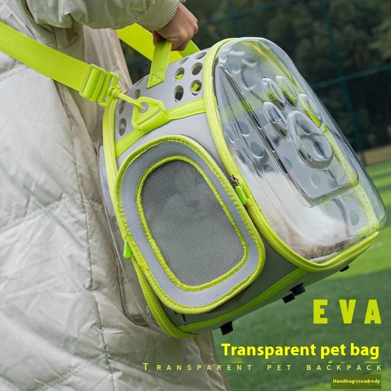 Large transparent EVA cat backpack space capsule design in grass green colour with hard shell construction
