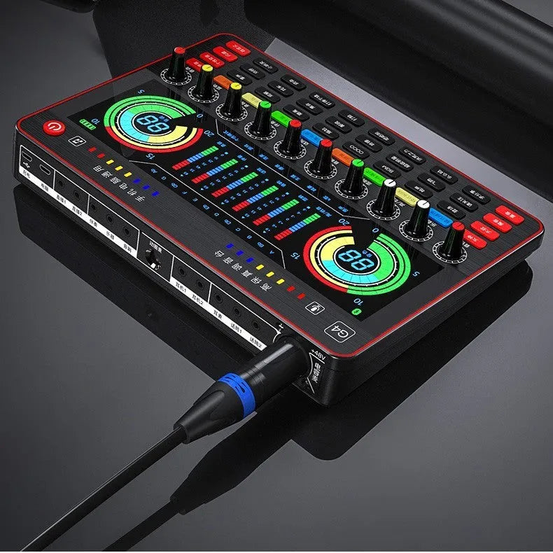 G4 professional singing sound card mixer with LCD screen, control knobs, and included microphone and cables.