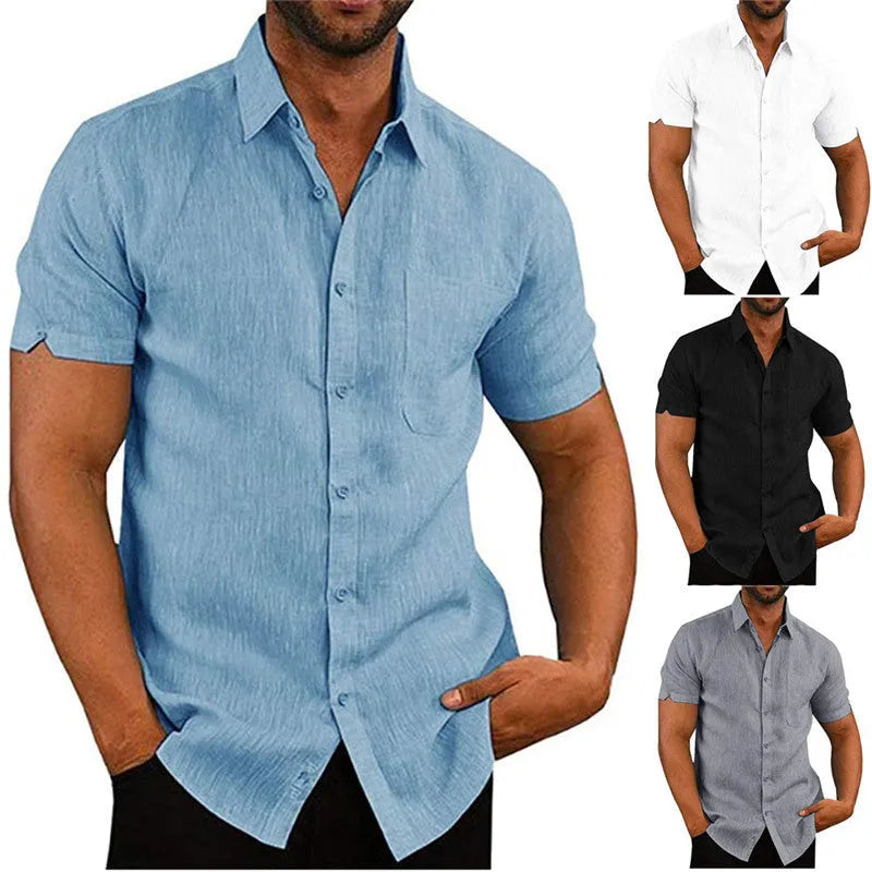 Men short sleeve summer solid shirt cardigan style high collar drop shoulder bleu colour