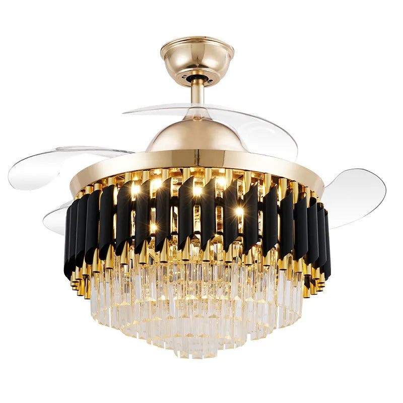 Remote control crystal ceiling fan light unit shown in 42-inch and 48-inch size options.