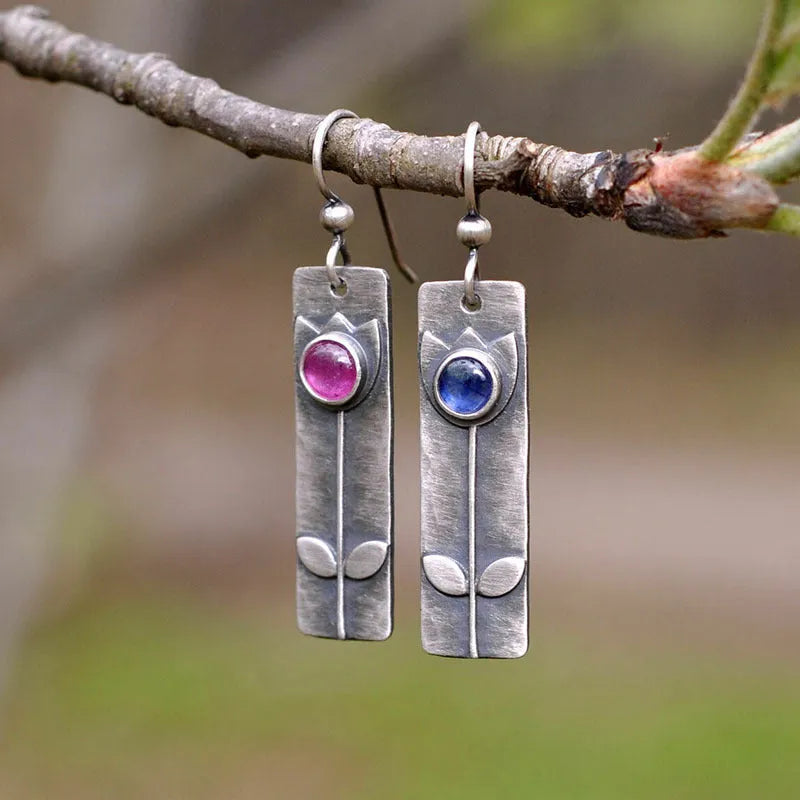 Red sapphire antique finish electroplated drop earrings with geometric ellipse pendant retro jewellery