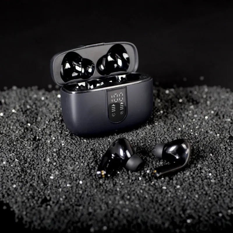 Jerry X08 black wireless Bluetooth headphones with charging case showing digital display subwoofer fourth generation technology