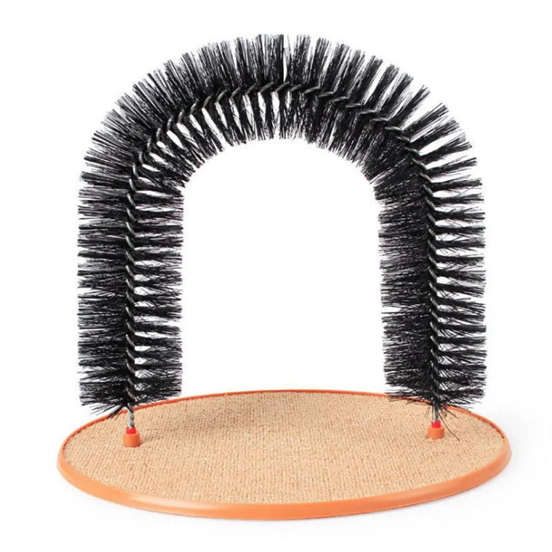 Arched plastic cat grooming station with built-in brush for scratching and self-grooming