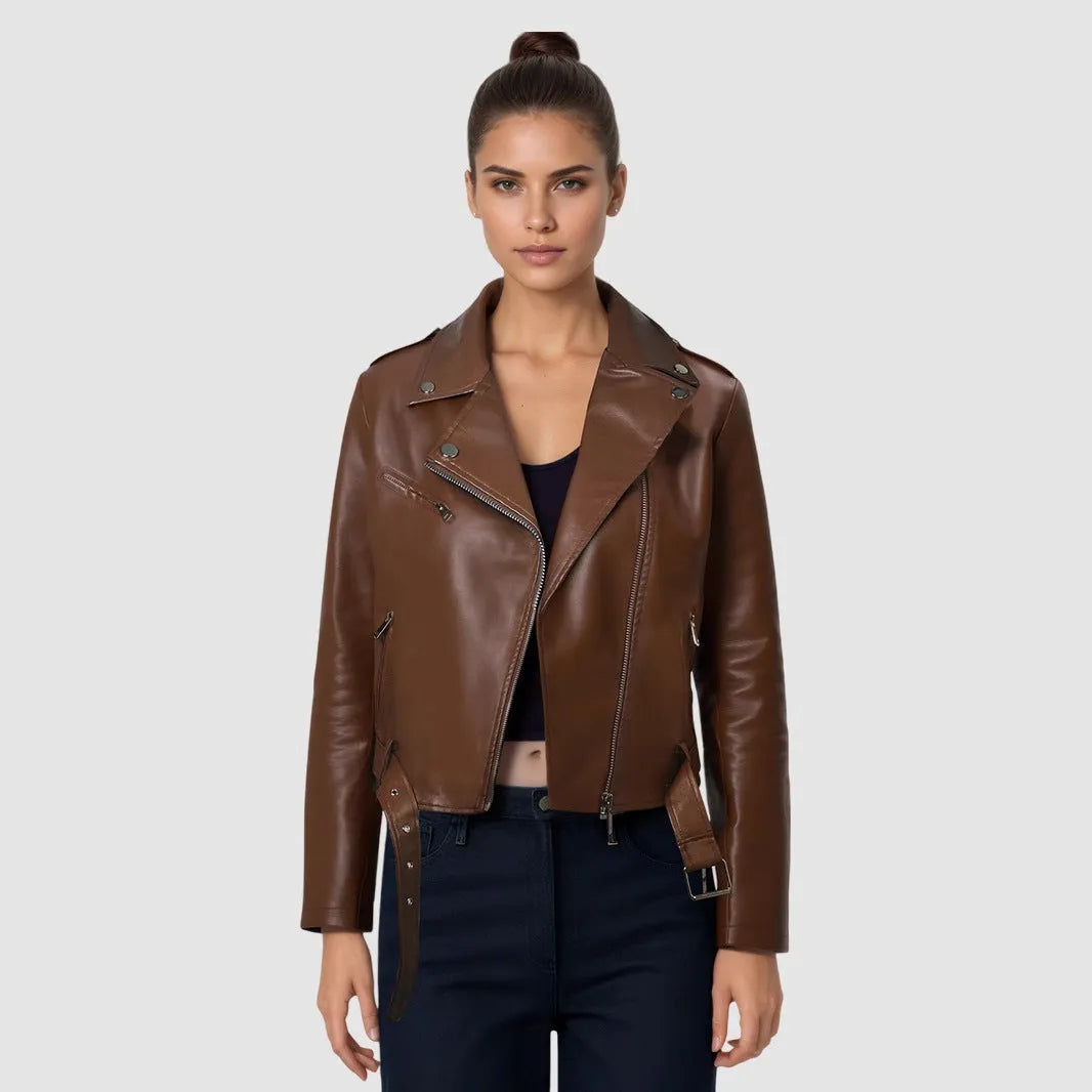 Women's black PU leather motorbike jacket with lapel collar and detachable short belt.