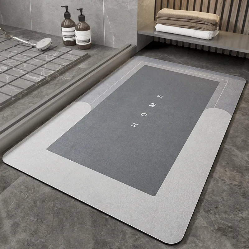 Cushioned blue oval bathroom floor mat on tiled flooring