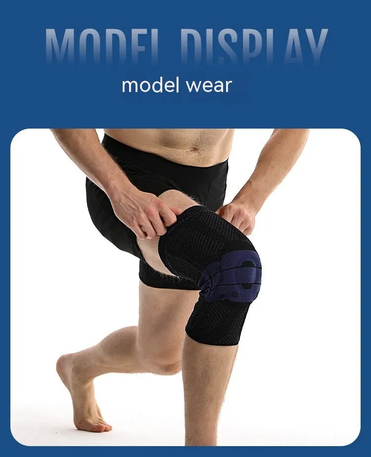Black and blue adult sports knee pad for basketball and running, made of nylon and spandex.
