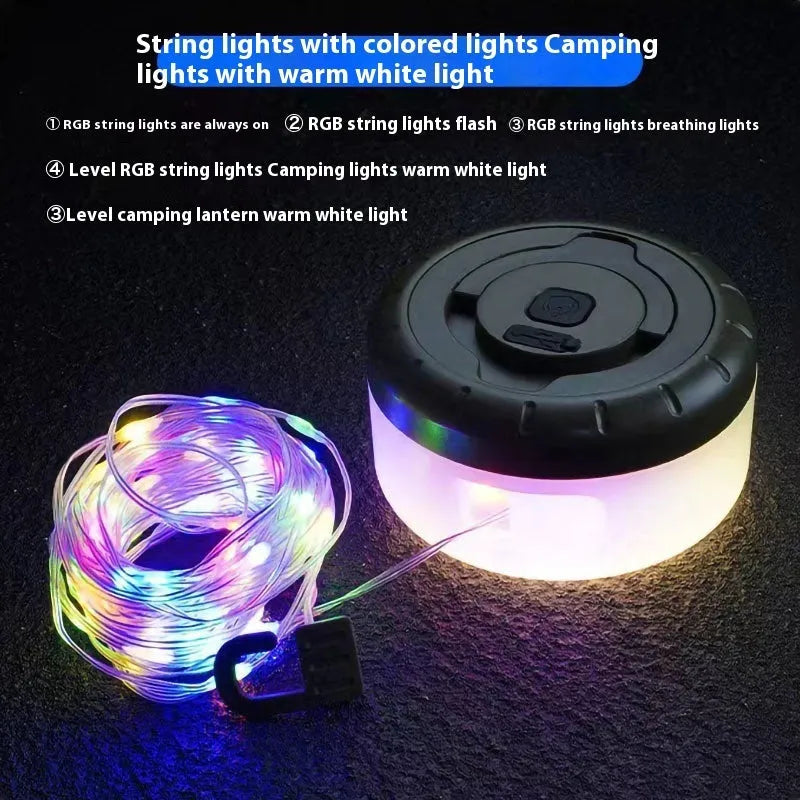 Rechargeable outdoor string lights with LED beads draped over a garden tent.