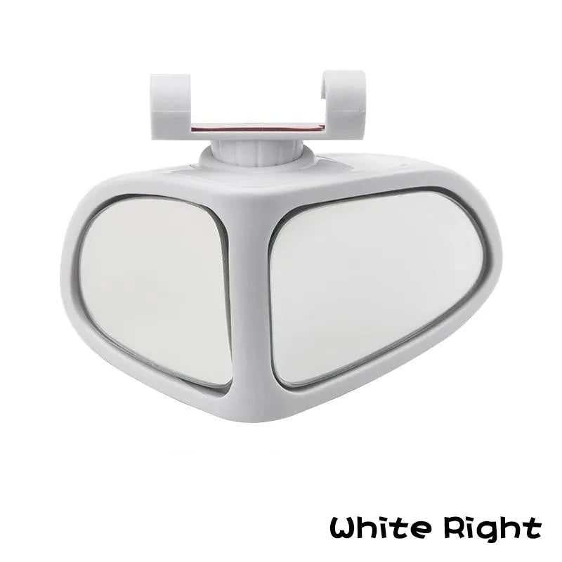 Adjustable wide-angle car reversing mirror in black, shown with adhesive backing.