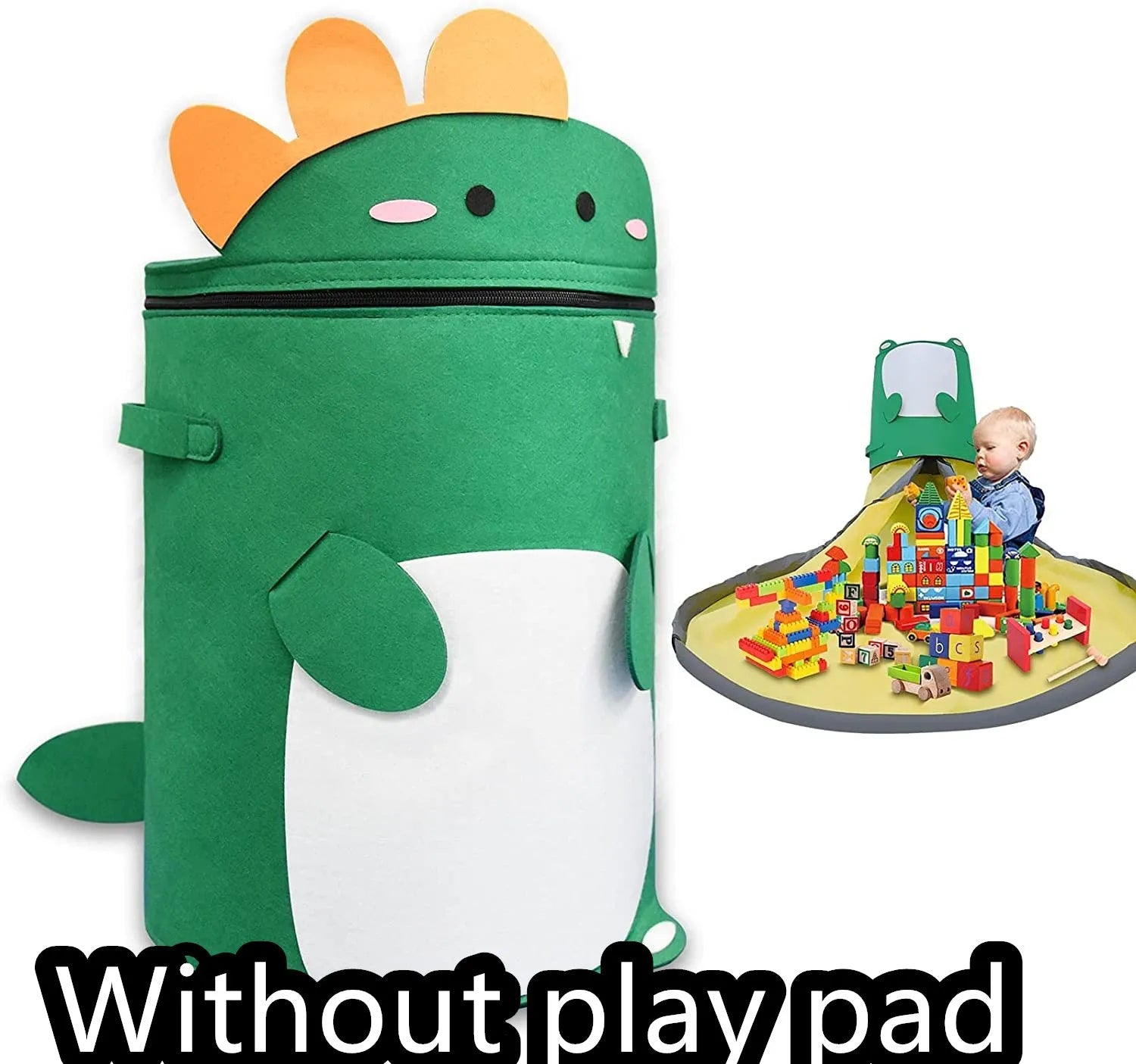 Green felt cube storage bag with pull rope open as a floor play mat for toys.