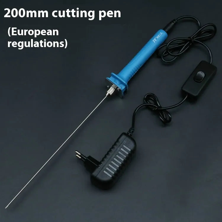 Blue plastic-handled electric hot knife cutter pen for foam with multiple blade sizes and power adapter