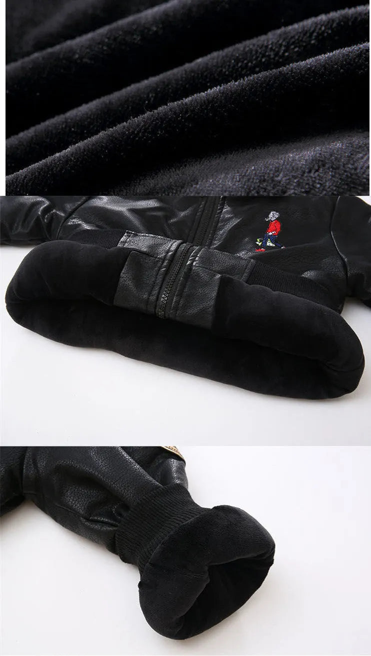 Fashion children's long-sleeved plus velvet PU leather jacket for boys, black, lapel collar, zipper closure