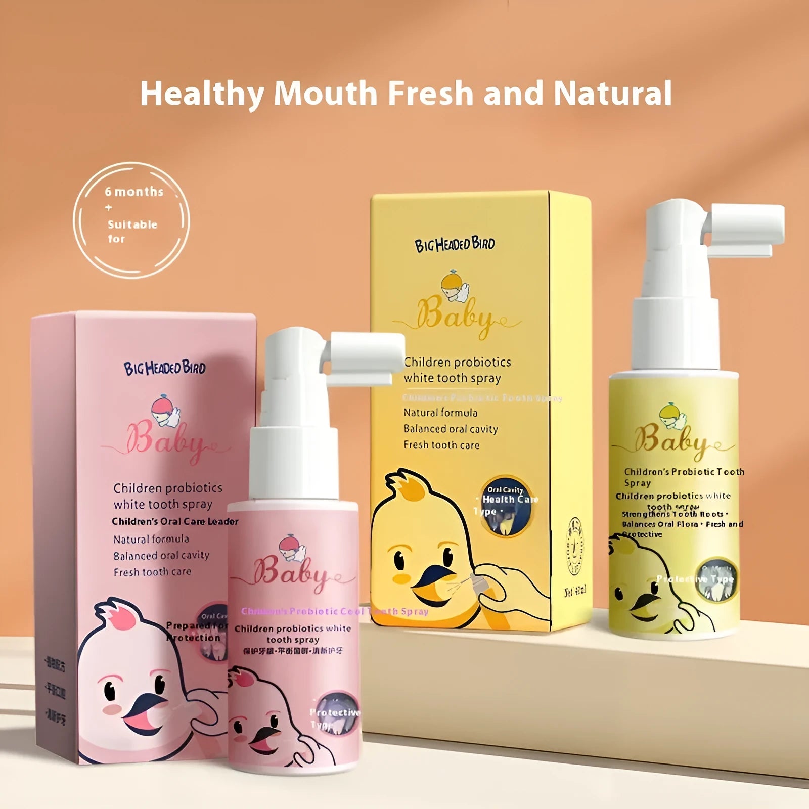 Children's probiotic anticavity oral spray in 40ml bottle with strawberry and orange flavour options