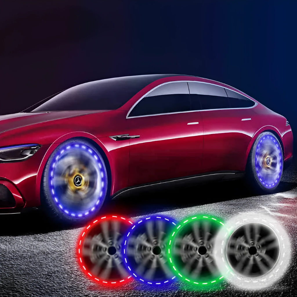 Solar-powered colourful LED decorative flash lights for mounting on car, motorcycle and bicycle wheel hubs.