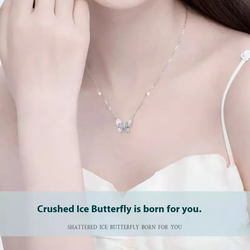 S925 silver butterfly necklace with ice rain pendant on an adjustable 41-50cm O-ring chain.