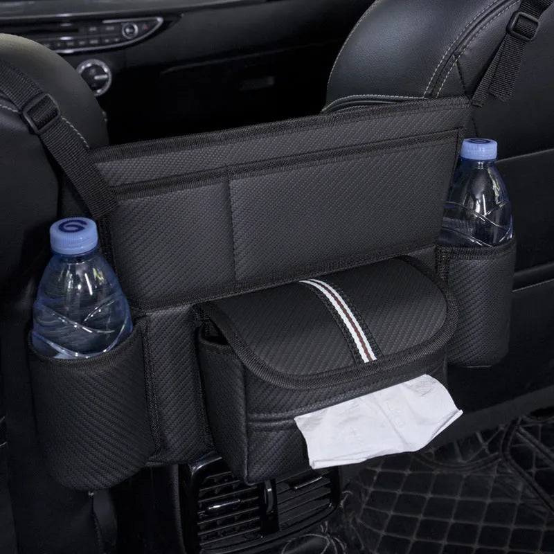 Black leather car seat hanging storage bag with tissue box between car armrests