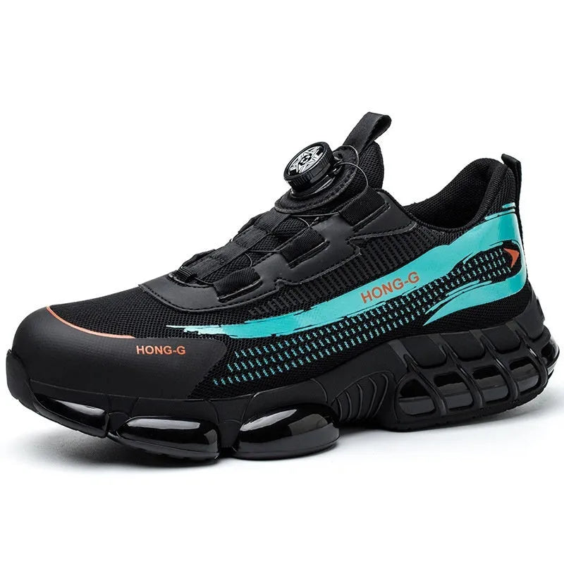 Lightweight black safety work shoes with steel toe caps and breathable upper material