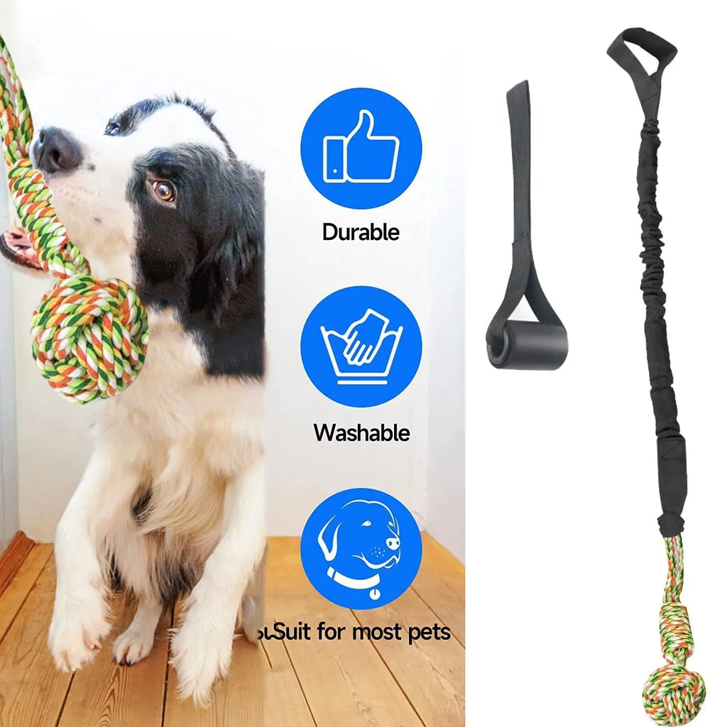Braided cotton dog tug of war rope toy in black colour with handle sections