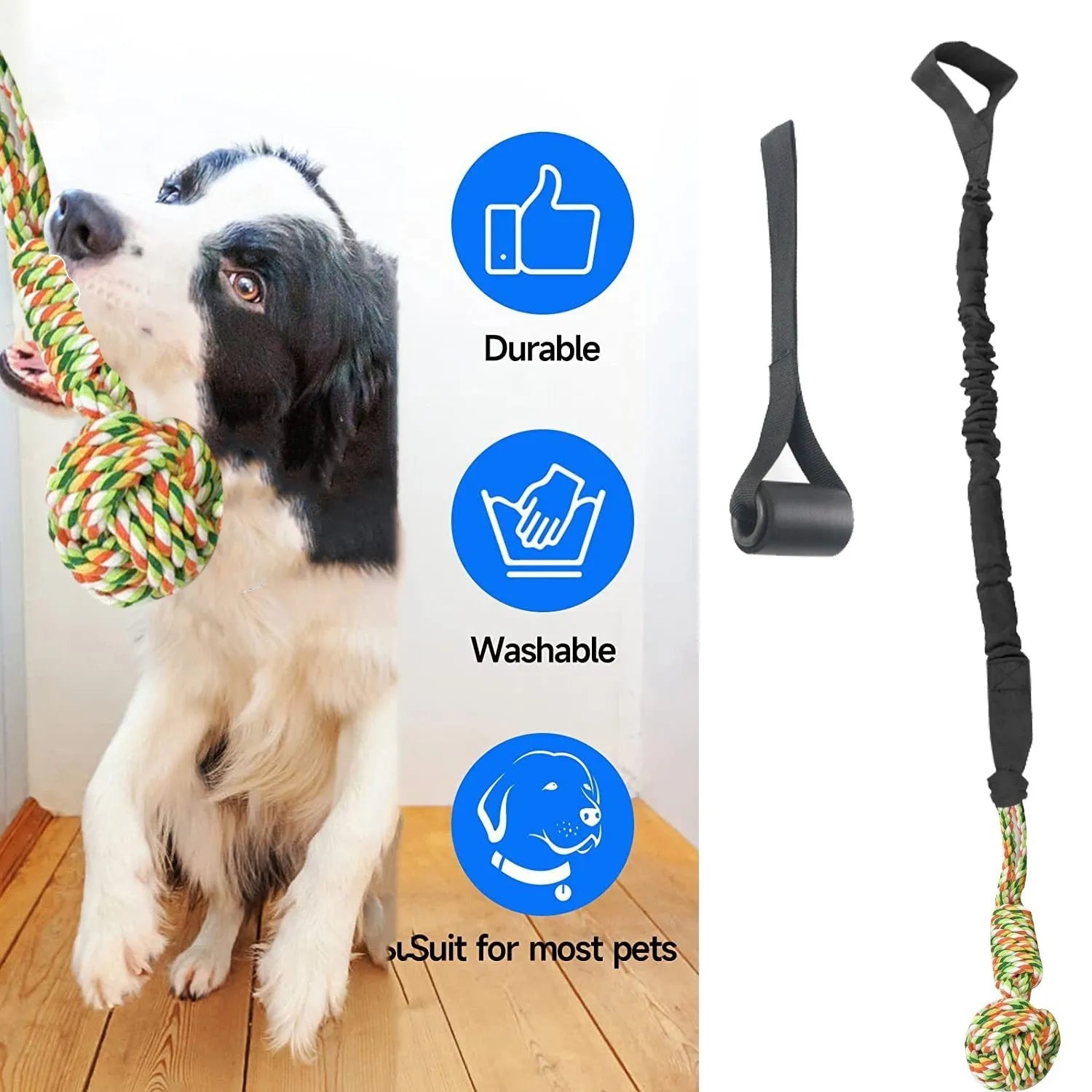 Braided cotton dog tug of war rope toy in black colour with handle sections