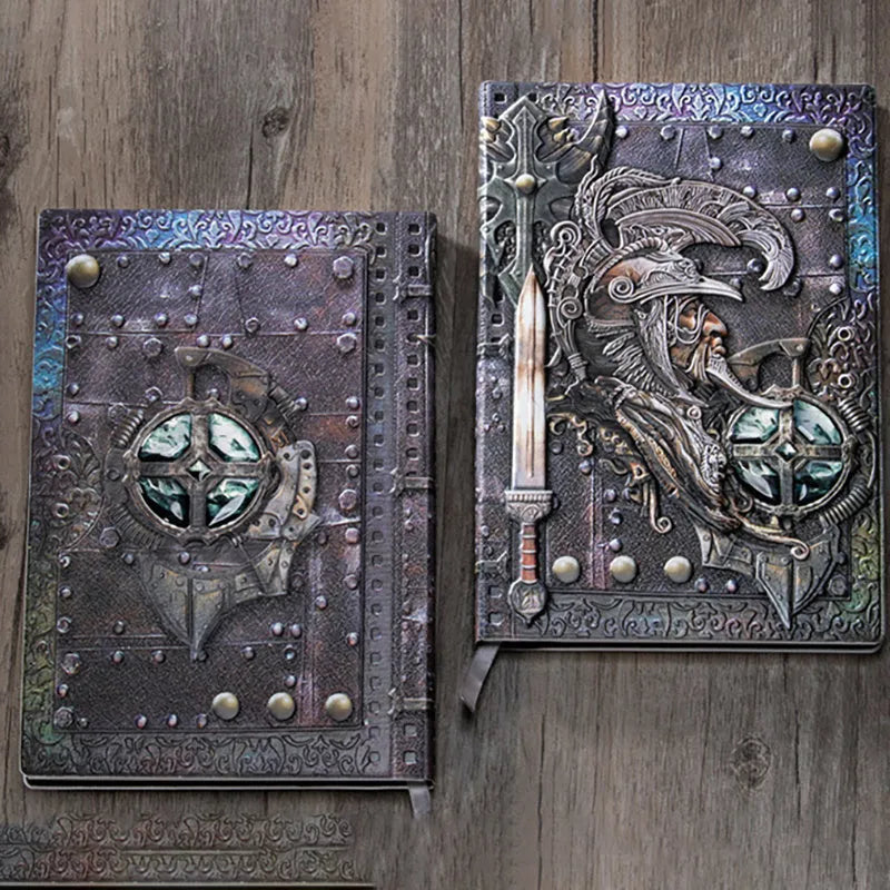 Handmade A5 leather notebook with 3D Warriors relief embossed design in metallic colours