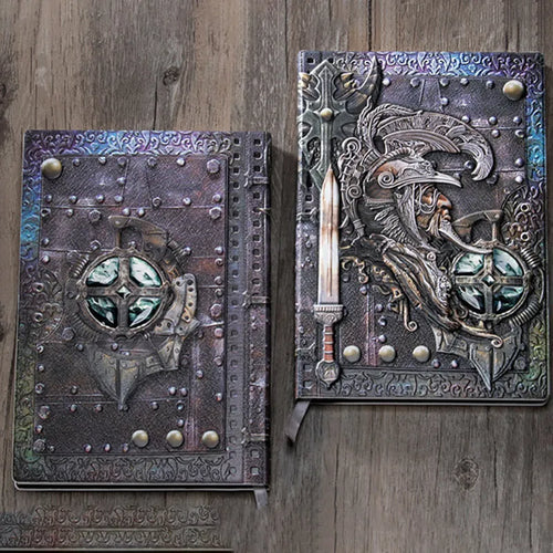 Handmade A5 leather notebook with 3D Warriors relief embossed design in metallic colours