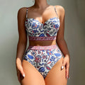 Blue women's high-waist push-up bikini swimsuit made from polyester fabric