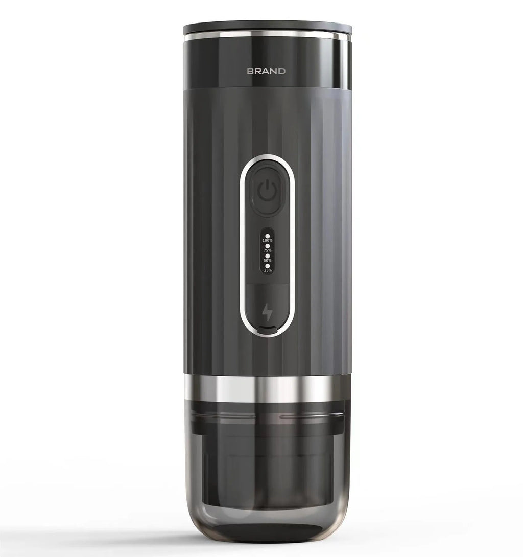 Black portable wireless coffee machine for K-Cup pods, shown next to a car cup holder