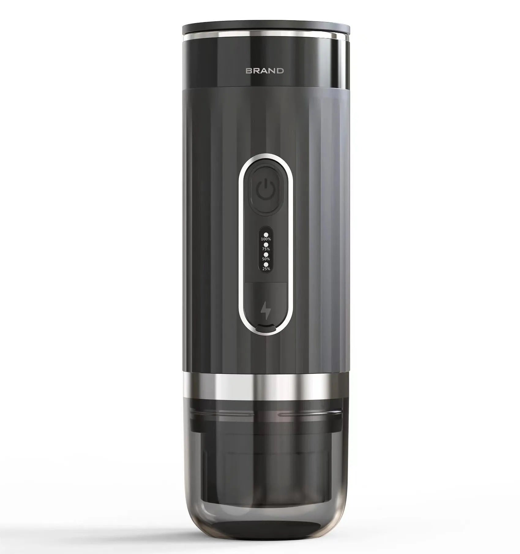 Black portable wireless coffee machine for K-Cup pods, shown next to a car cup holder