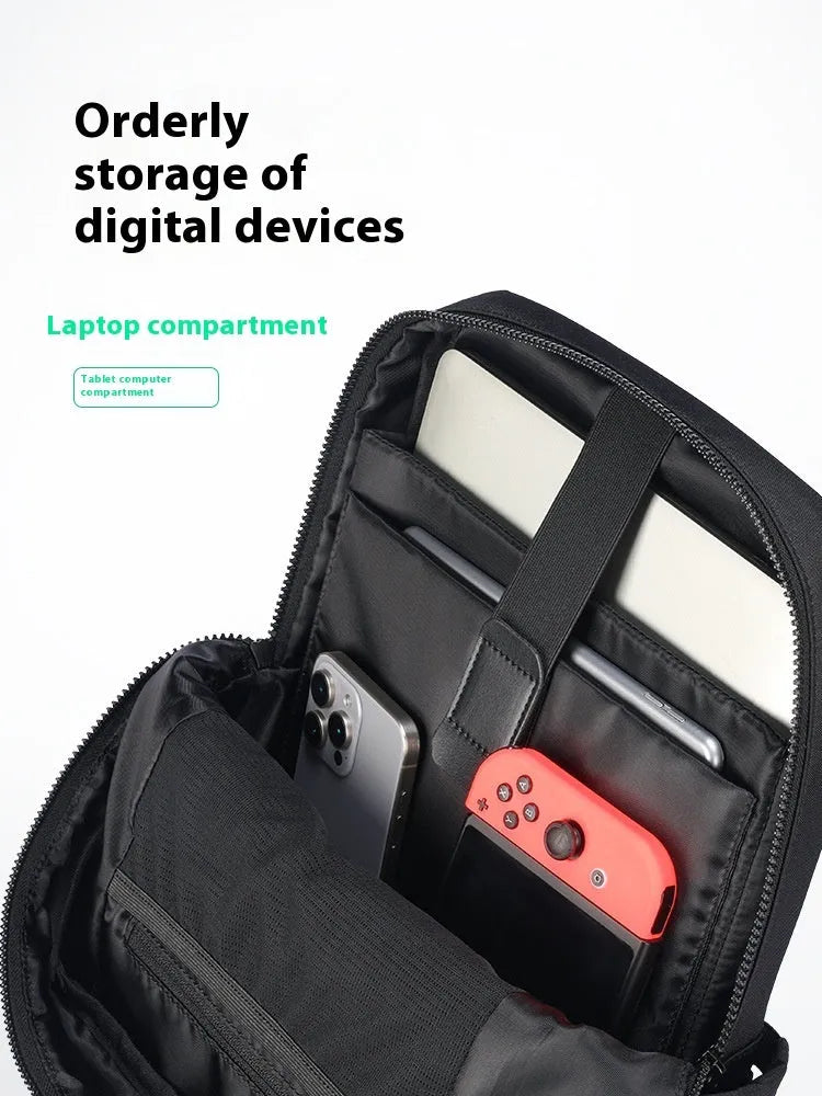 Elegant black Oxford cloth computer backpack with 20-35 litre capacity and polyester lining.