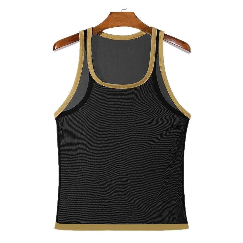 Men's tight-fitting black mesh vest with straight hem for sports and casual wear