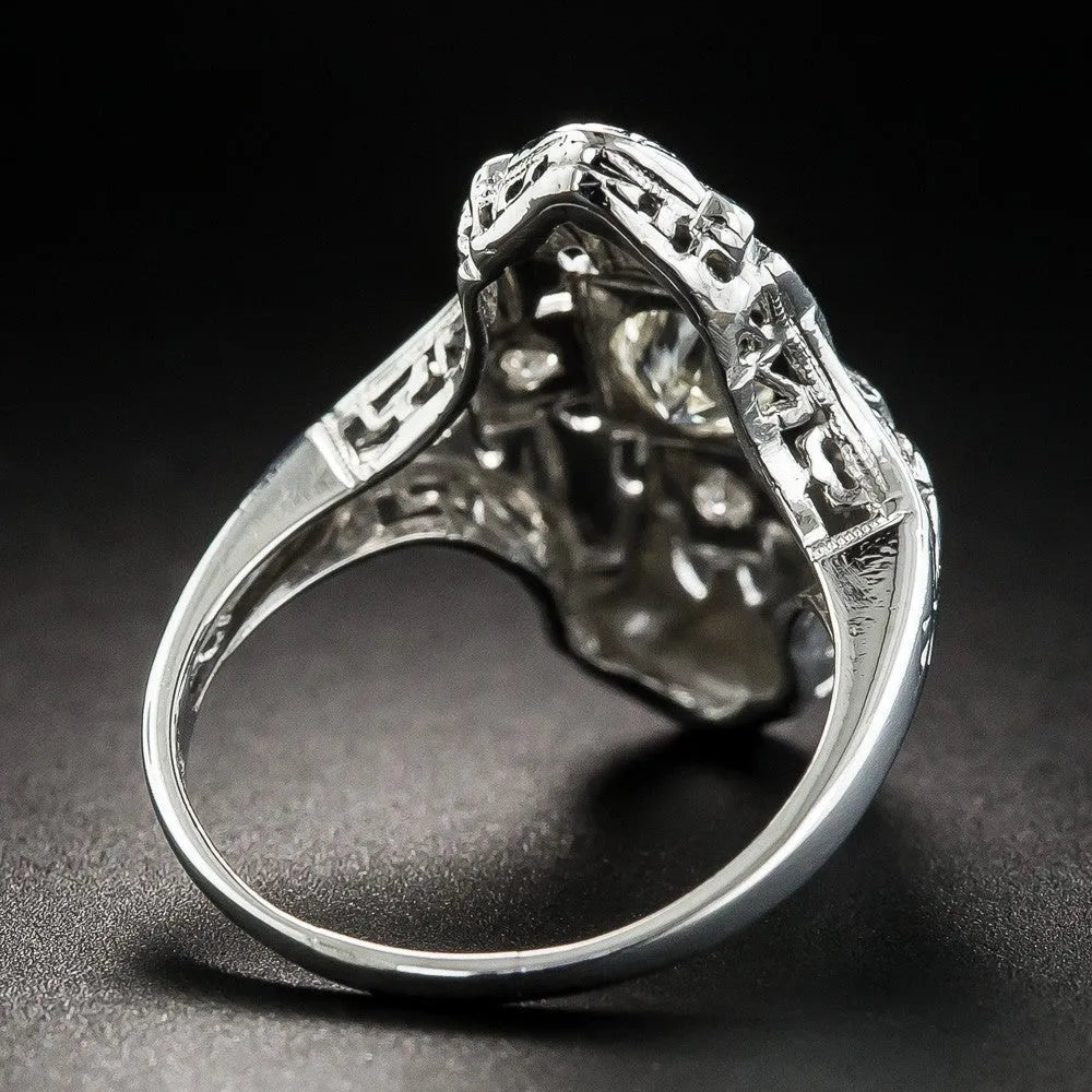 Silver electroplated geometric copper ring with hollow out design and diamond stud accents