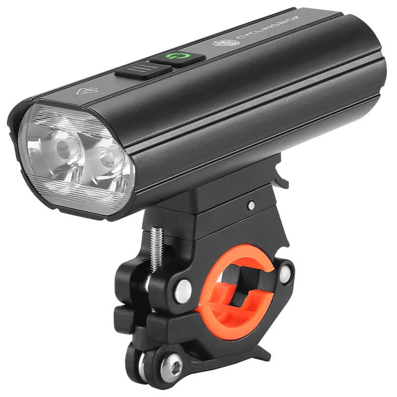 Black rechargeable bicycle light 1800 lumens with aluminium alloy body and POM bracket mounted on a handlebar