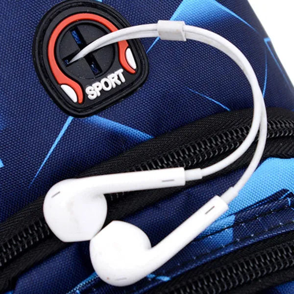 Men's black print sling chest bag with earphone hole and zipper, showing inner patch pocket.