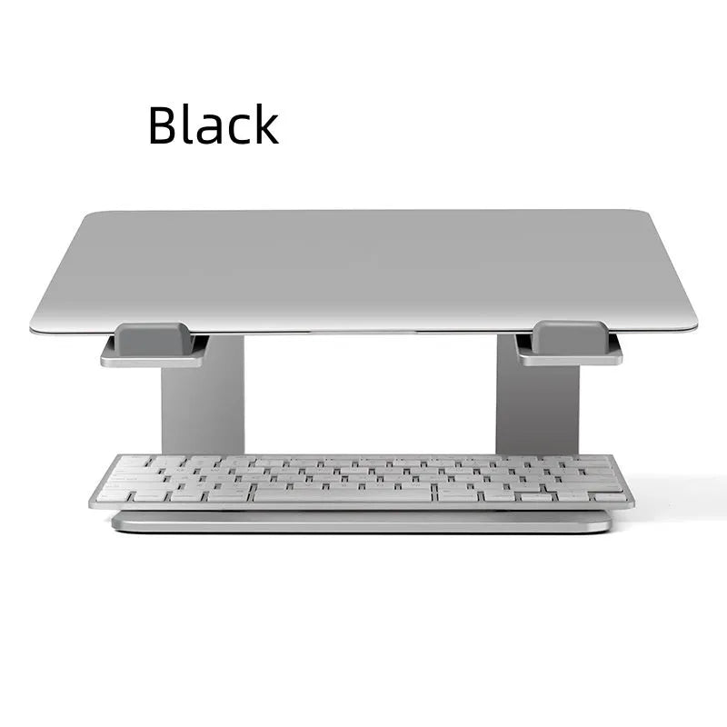 Black aluminium alloy laptop stand with 29.9 cm width on desktop