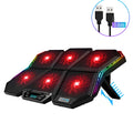 Black and red notebook cooling pad with six fans showing USB connection cable