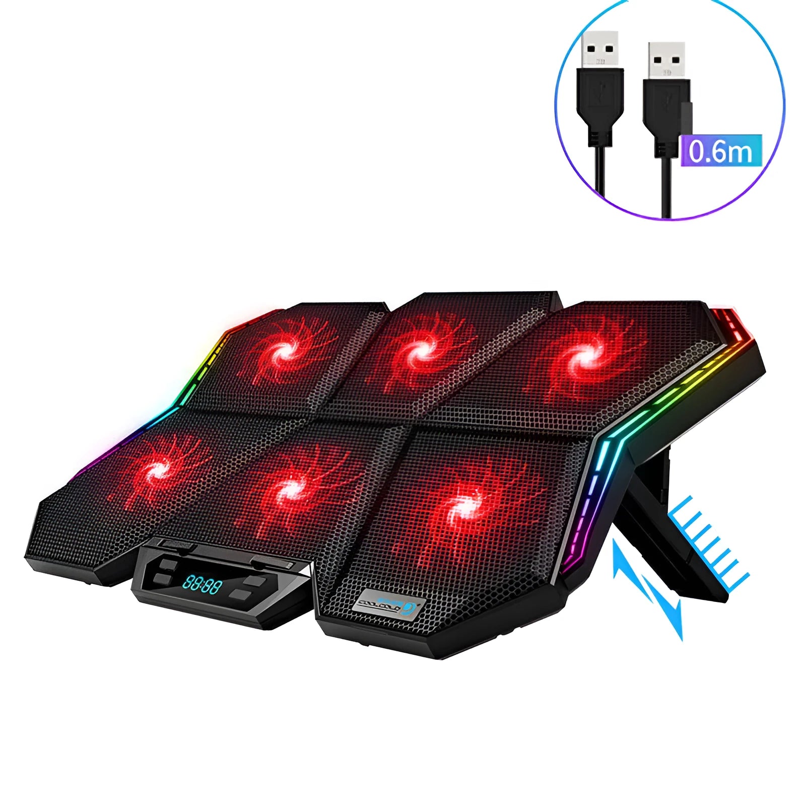 Black and red notebook cooling pad with six fans showing USB connection cable