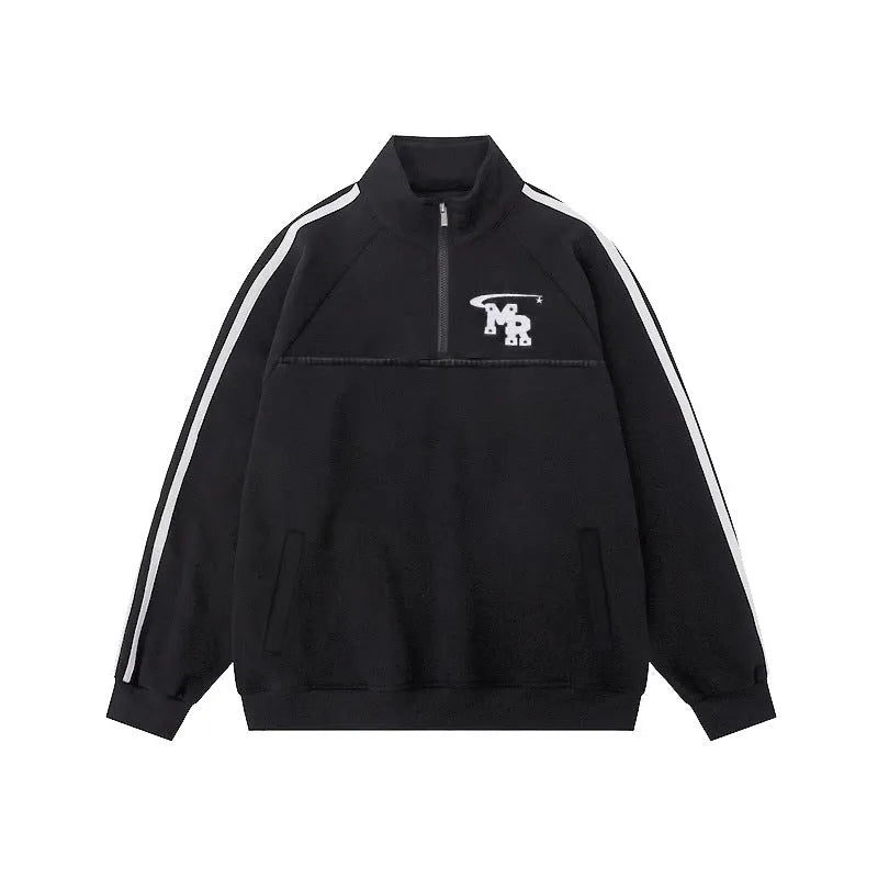 Black retro sports hoodie with a stand collar and long sleeves, shown on a model.