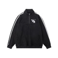 Black retro sports hoodie with a stand collar and long sleeves, shown on a model.